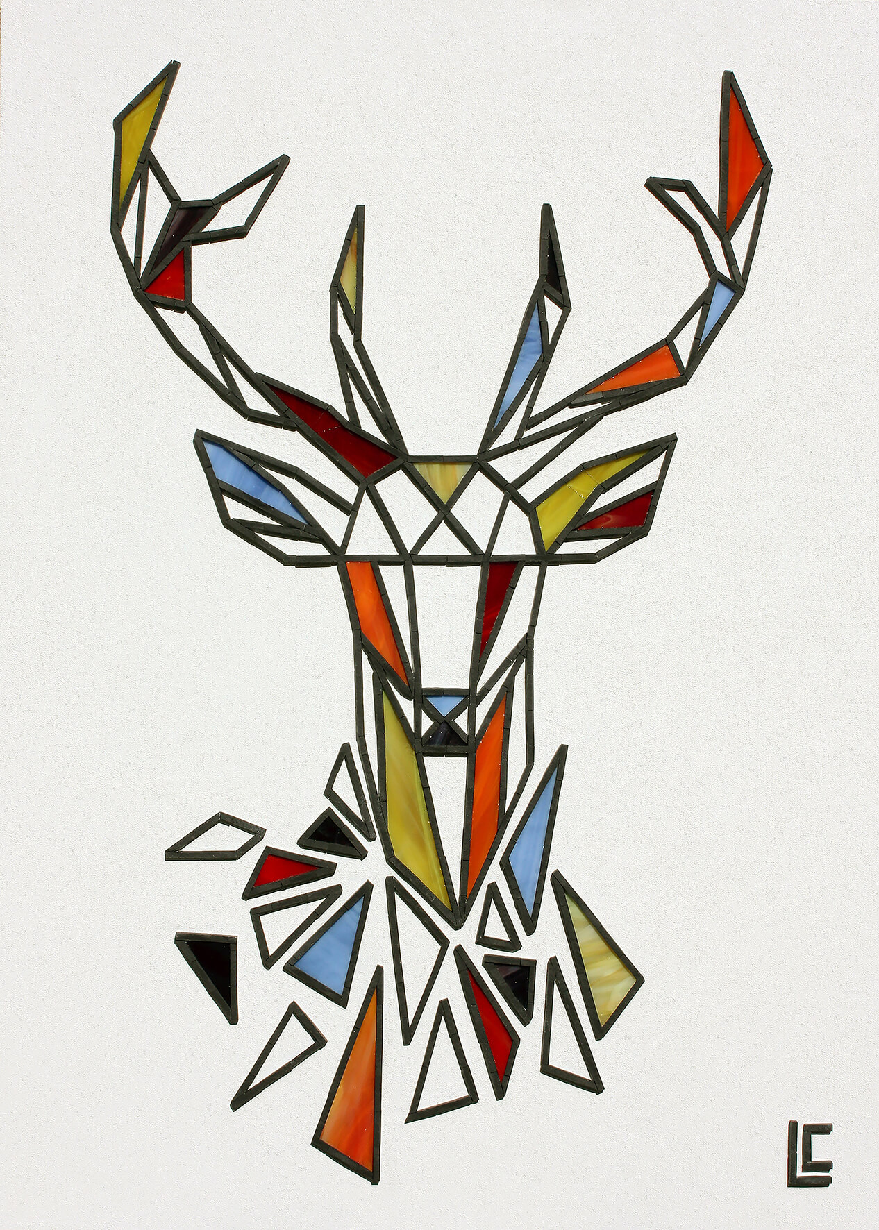 Mosaïque géométrique Cerf façon vitrail - verre vitrail, grès cérame noir 70x50cm
